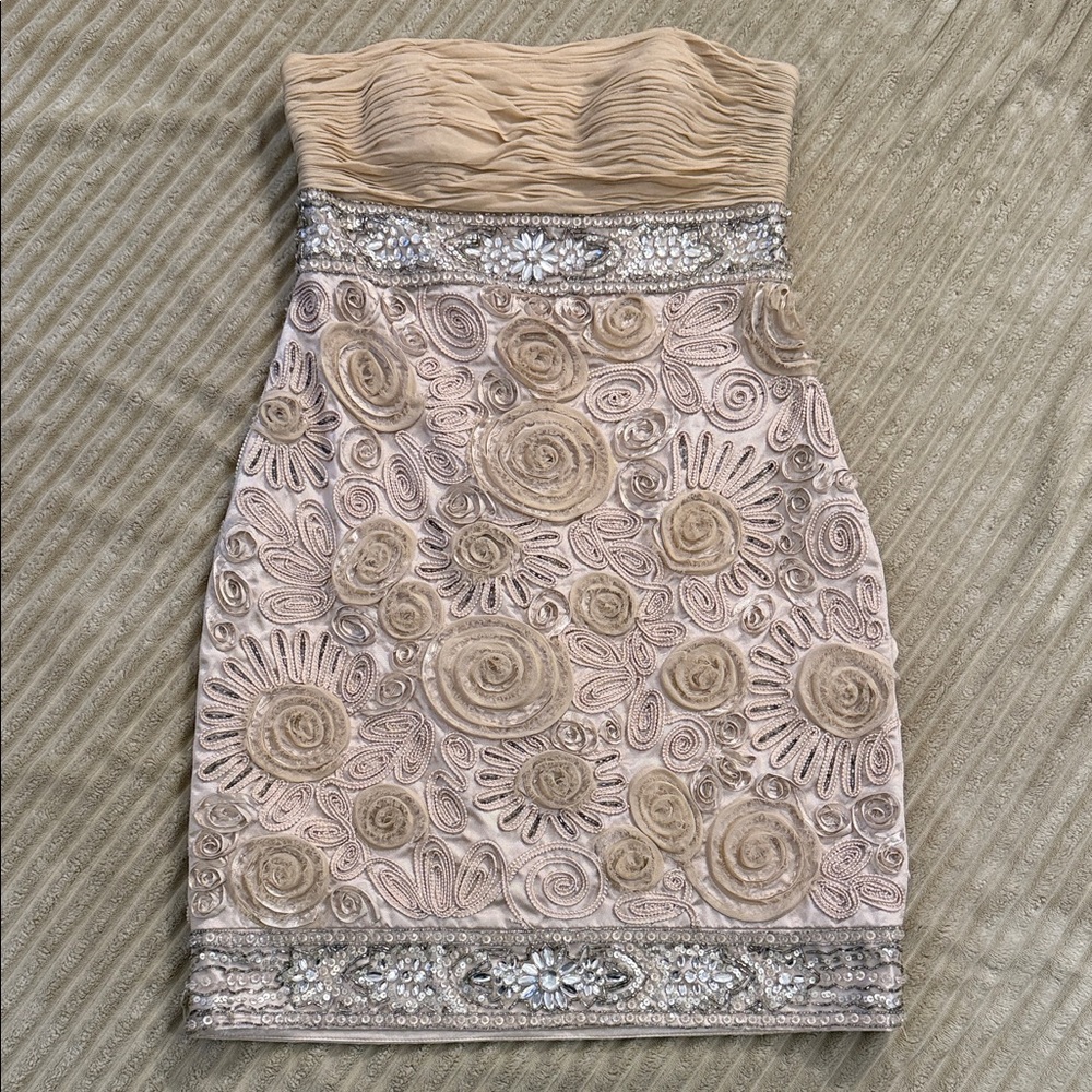 Sue Wong Tan Strapless Dress with Silver Embellishments